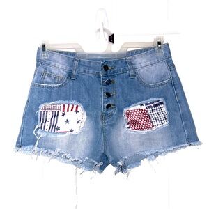 Source Unknown Light Blue Denim Patchwork Button-Front Shorts